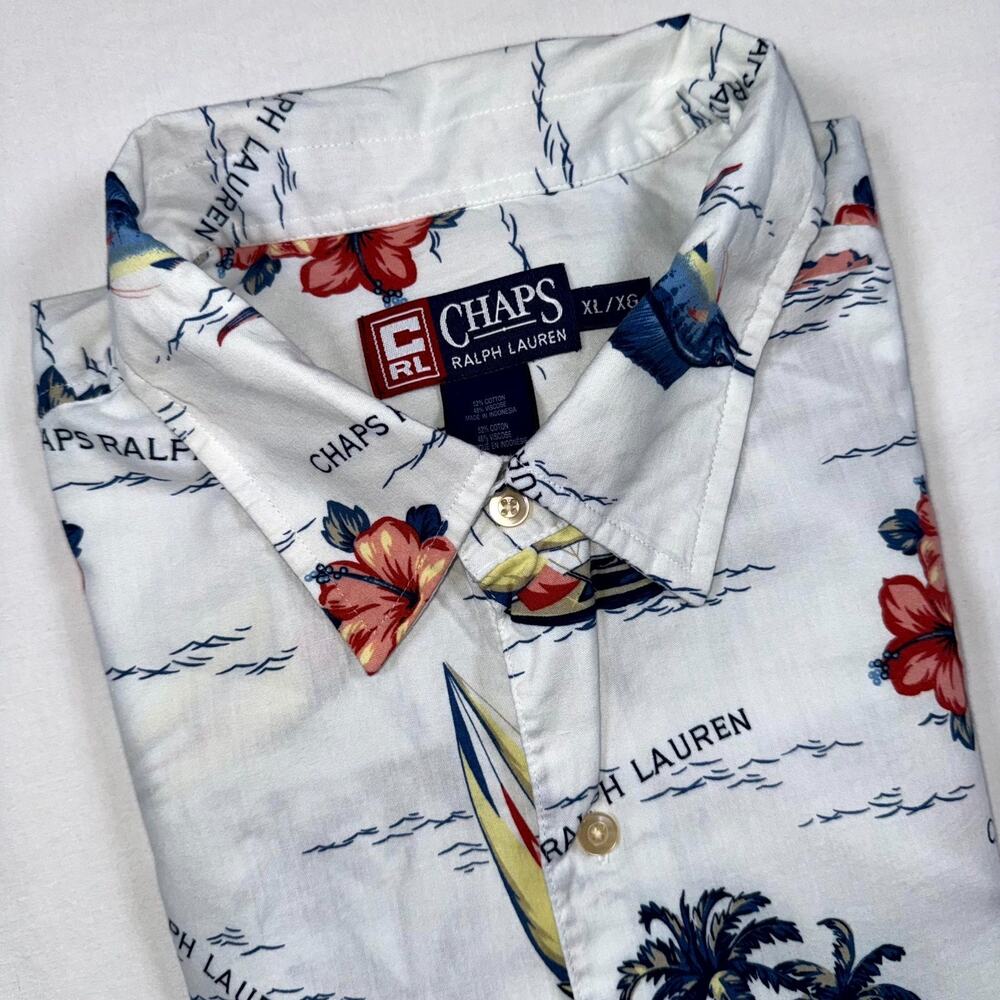 Vintage Chaps Ralph Lauren Hawaiian Shirt Men XL White Sailboats Marlin Vacation